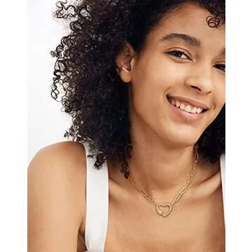 Aobei Pearl 18K Gold Paperclip Chain Necklace Open Love Heart Pendant Necklace with Micro-pave Cubic Zirconia Screw Lock Jewelry for Women