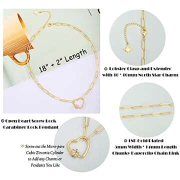 Aobei Pearl 18K Gold Paperclip Chain Necklace Open Love Heart Pendant Necklace with Micro-pave Cubic Zirconia Screw Lock Jewelry for Women