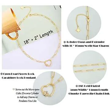 Aobei Pearl 18K Gold Paperclip Chain Necklace Open Love Heart Pendant Necklace with Micro-pave Cubic Zirconia Screw Lock Jewelry for Women