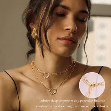 Aobei Pearl 18K Gold Paperclip Chain Necklace Open Love Heart Pendant Necklace with Micro-pave Cubic Zirconia Screw Lock Jewelry for Women