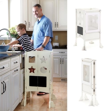 Guidecraft Classic Kitchen Helper® Stool - Ivory: Foldable Toddler Tower with Adjustable Height Pla...
