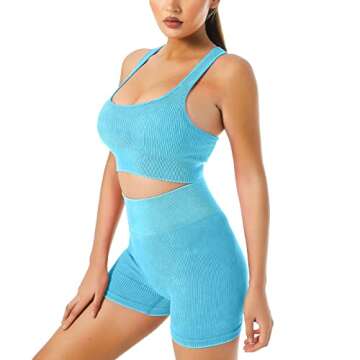JOTEUS Workout Outfits for Women 2 Piece Yoga Set Seamless Ribbed Sports Bra High Waist Gym Shorts Activewear Sets