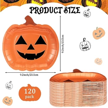 Umigy 120 Pcs Halloween Pumpkin Paper Plates for Parties
