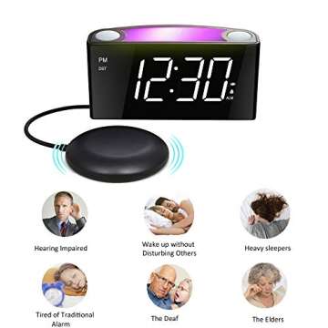 Mesqool Loud Alarm Clock for Heavy Sleepers and The Hearing Impaired - with Bed Shaker, 2 USB Chargers, 7-Color Nightlight, Large LED Display, Dimmer, Snooze, 12/24H DST and Plug-in Battery Backup