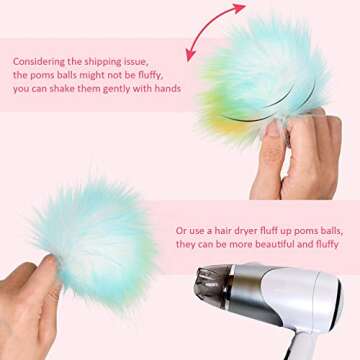 24 Pcs Faux Fur Pom Pom for Hats Faux Fluffy Pom Pom Balls with Elastic Loop DIY for Keychains Shoes Scarves Bags Charms, 3.15" (Rainbow Color)