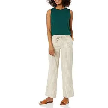 Amazon Essentials Women's Linen Blend Drawstring Relaxed Fit Wide Leg Pant (Available in Plus Size), Ecru Stripe, Medium