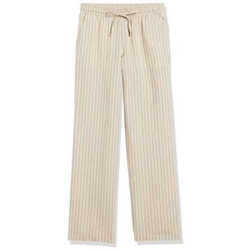Amazon Essentials Women's Linen Blend Drawstring Relaxed Fit Wide Leg Pant (Available in Plus Size), Ecru Stripe, Medium
