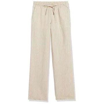 Amazon Essentials Women's Linen Blend Drawstring Relaxed Fit Wide Leg Pant (Available in Plus Size), Ecru Stripe, Medium