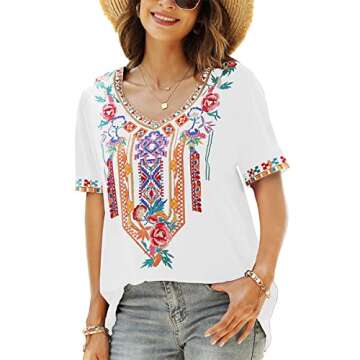 LauraKlein Women's Boho Mexican Embroidered Tops for Women V Neck Short Sleeve Summer Peasant Blouse Loose Ethnic Tunics Shirts(White-XL)
