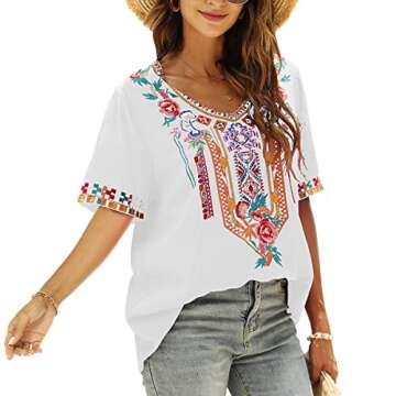 LauraKlein Women's Boho Mexican Embroidered Tops for Women V Neck Short Sleeve Summer Peasant Blouse Loose Ethnic Tunics Shirts(White-XL)