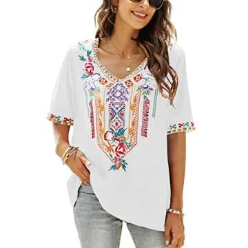 LauraKlein Women's Boho Mexican Embroidered Tops for Women V Neck Short Sleeve Summer Peasant Blouse Loose Ethnic Tunics Shirts(White-XL)