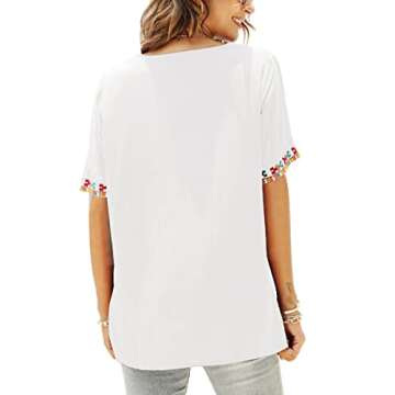 LauraKlein Women's Boho Mexican Embroidered Tops for Women V Neck Short Sleeve Summer Peasant Blouse Loose Ethnic Tunics Shirts(White-XL)