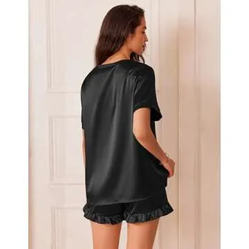 Ekouaer Satin Pajamas for Women Short Sleeve Silk Sleepwear 2 Piece Pjs Set with Ruffled Shorts Casual Loungewear Black Medium