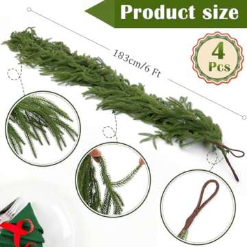 Hananona 4 Pcs Artificial Norfolk Pine Garlands, Real Touch Winter Pine Garland, Green Artificial Greenery Garland for Table, Mantle, Wall, Indoor, Outdoor Christmas Decorations (4, 6 FT)