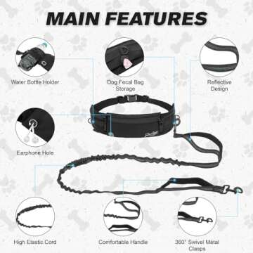 Runlight Hands Free Dog Leash Crossbody Dog Running Leash Waist Belt with Zipper Pouch for Small Medium Large Dogs Waist Dog Leash Fanny Pack for Walker Training Jogging Black