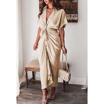 Ceuplon Womens Short Sleeve Ruched Button Down Satin Shirts Maxi Dress with Belt Apricot Medium