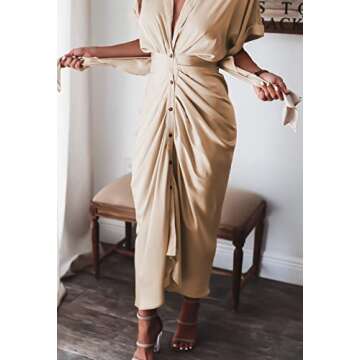 Ceuplon Womens Short Sleeve Ruched Button Down Satin Shirts Maxi Dress with Belt Apricot Medium