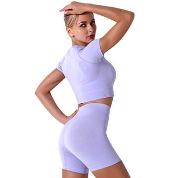 Workout Sets for Women 2 Piece Seamless Short Sleeve Crop Tops High Waist Biker Shorts Gym Sets Light Purple Medium