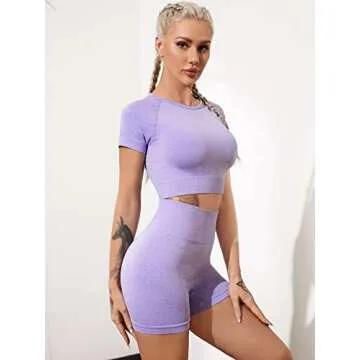 Workout Sets for Women 2 Piece Seamless Short Sleeve Crop Tops High Waist Biker Shorts Gym Sets Light Purple Medium