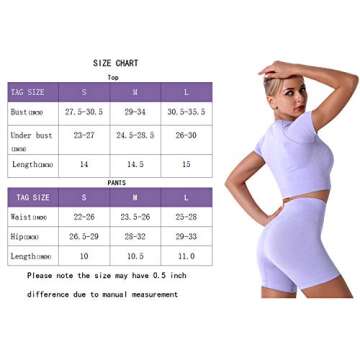 Workout Sets for Women 2 Piece Seamless Short Sleeve Crop Tops High Waist Biker Shorts Gym Sets Light Purple Medium