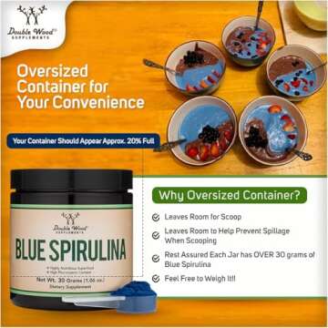 Blue Spirulina Powder - Maximum 35% Phycocyanin Content, Superfood Powder from Blue-Green Algae, Mixes into Smoothies and Protein Drinks, Plant Food Coloring (One Month Supply) by Double Wood