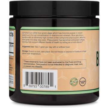Blue Spirulina Powder - Maximum 35% Phycocyanin Content, Superfood Powder from Blue-Green Algae, Mixes into Smoothies and Protein Drinks, Plant Food Coloring (One Month Supply) by Double Wood