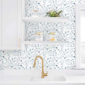 Heroad Brand Boho Peel and Stick Wallpaper Watercolor Blue Wallpaper Leaf Contact Paper Light Blue Removable Wallpaper Contact Paper for Cabinets Self-Adhesive Thicken Vinyl Wallpaper 16.1”x78.7”