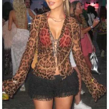QIISEVEN Sexy See Through Leopard Cardigan Sheer Mesh Top Cheetah Print Shirt Long Sleeve Crop Top V Neck Ruffle Top (Leopard Print,Medium)