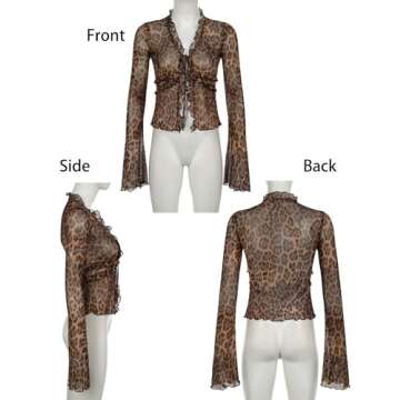QIISEVEN Sexy See Through Leopard Cardigan Sheer Mesh Top Cheetah Print Shirt Long Sleeve Crop Top V Neck Ruffle Top (Leopard Print,Medium)