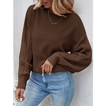 ZESICA Women's Fall Long Sleeve Crew Neck Solid Color Cable Knit Chunky Casual Oversized Pullover Sweater Tops,Coffee,Small