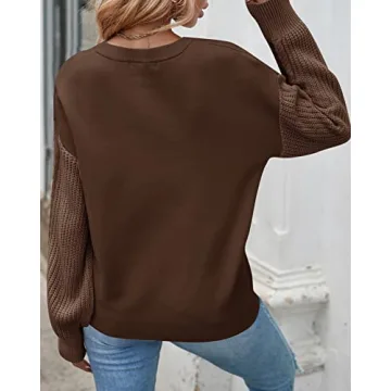 ZESICA Women's Fall Long Sleeve Crew Neck Solid Color Cable Knit Chunky Casual Oversized Pullover Sweater Tops,Coffee,Small
