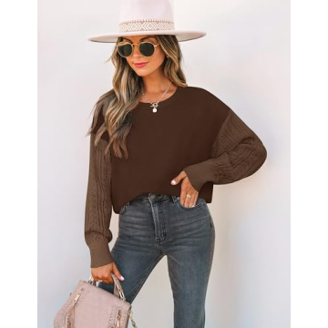ZESICA Women's Fall Long Sleeve Crew Neck Solid Color Cable Knit Chunky Casual Oversized Pullover Sweater Tops,Coffee,Small