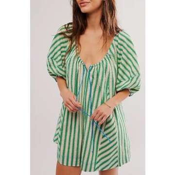 Yiulangde Women Y2k Striped Jumpsuit Puff Short Sleeve Oversized Short Jumpsuits Summer Vacation Beach Rompers Trendy Outfits