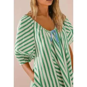 Yiulangde Women Y2k Striped Jumpsuit Puff Short Sleeve Oversized Short Jumpsuits Summer Vacation Beach Rompers Trendy Outfits
