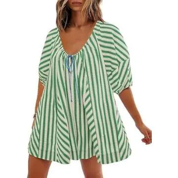 Yiulangde Women Y2k Striped Jumpsuit Puff Short Sleeve Oversized Short Jumpsuits Summer Vacation Beach Rompers Trendy Outfits