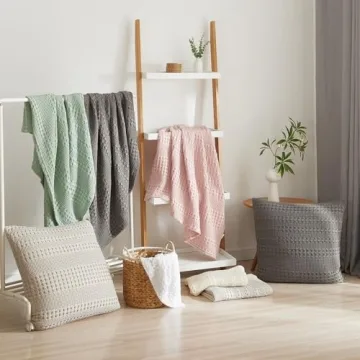 PHF 100% Cotton Waffle Weave Throw Blanket for Couch - Lightweight Washed Cotton Throw Blanket for Bed - 50"x60" Aesthetic Breathable Blanket for Room Decor & Office - Oatmeal