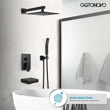 gotonovo Matte Black Rain Mixer Shower Faucet Set with Waterfall Tub Spout 10 inch Square Rainfall S...