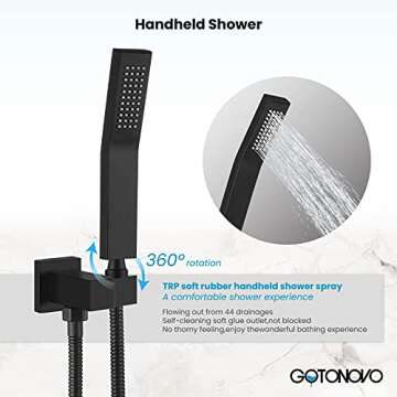 gotonovo Matte Black Rain Mixer Shower Faucet Set with Waterfall Tub Spout 10 inch Square Rainfall Shower Head with Handheld Spray Wall Mounted Rough-in Valve and Trim Included