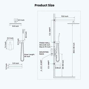 gotonovo Matte Black Rain Mixer Shower Faucet Set with Waterfall Tub Spout 10 inch Square Rainfall Shower Head with Handheld Spray Wall Mounted Rough-in Valve and Trim Included