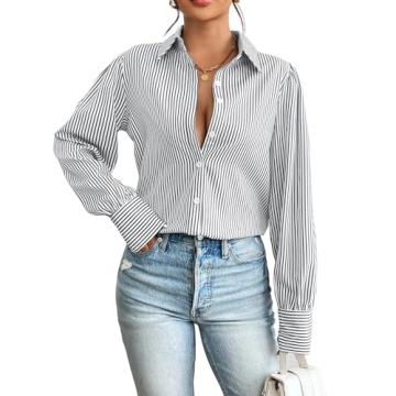 Zeagoo Women Business Casual Tops Oversized Striped Shirt Long Sleeve V Neck Button Down Work Top