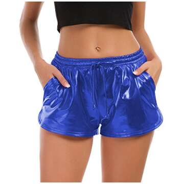 Women's Metallic Shorts Sparkly Hot Outfit Shiny Rave Short Pants with Elastic Drawstring Blue S