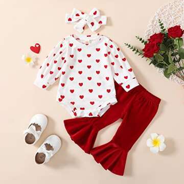 ADXSUN Baby Girl Valentine's Day Outfits Heart Print Romper+Flared Pants+Headband Infant Clothes 0-1...