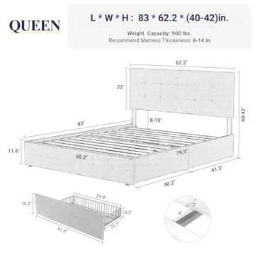 Allewie Upholstered Queen Size Platform Bed Frame with 4 Storage Drawers and Headboard, Square Stitc...