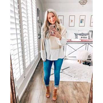 ECOWISH Women Sweater Long Sleeve Color Block Knit Pullover Sweaters Crew Neck Patchwork Casual Loose Jumper Tops Beige Large