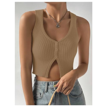 COZYEASE Women's Button Front Crop Tank Top for Casual Wear