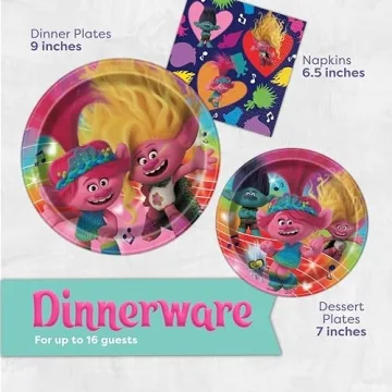 Troll Party Decorations for 16 | Plates, Banner, Napkins