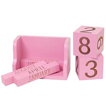 Wooden Desk Calendar,Desk Calendar Blocks for Teachers,Office Perpetual Date Block Small Home Desktop Decor Chic Vintage Month with Number Cubes Display Rustic Decoration (Sakura Pink)