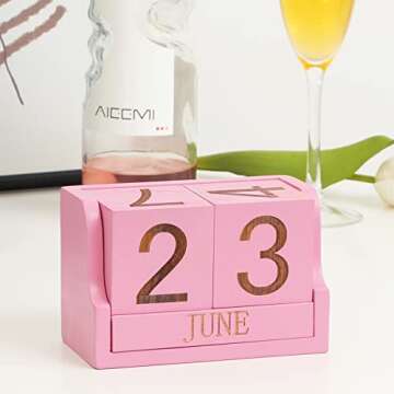 Wooden Desk Calendar,Desk Calendar Blocks for Teachers,Office Perpetual Date Block Small Home Desktop Decor Chic Vintage Month with Number Cubes Display Rustic Decoration (Sakura Pink)