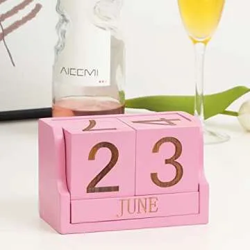 Wooden Desk Calendar,Desk Calendar Blocks for Teachers,Office Perpetual Date Block Small Home Desktop Decor Chic Vintage Month with Number Cubes Display Rustic Decoration (Sakura Pink)