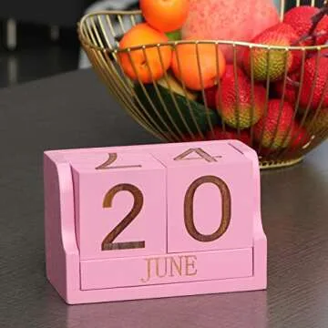 Wooden Desk Calendar,Desk Calendar Blocks for Teachers,Office Perpetual Date Block Small Home Desktop Decor Chic Vintage Month with Number Cubes Display Rustic Decoration (Sakura Pink)